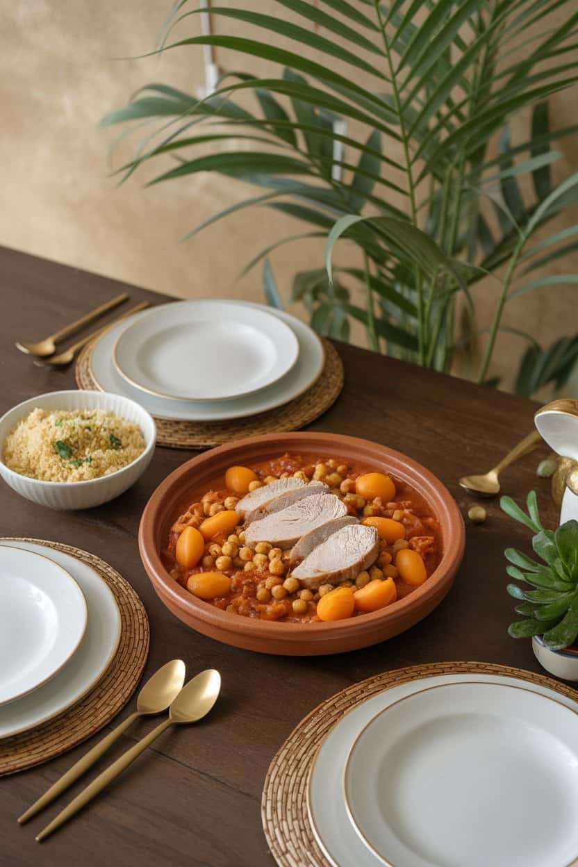 Indoor dining table with a bowl of turkey tagine featuring apricots, almonds, and chickpeas in spiced tomato sauce; couscous on the side. No logos or text.