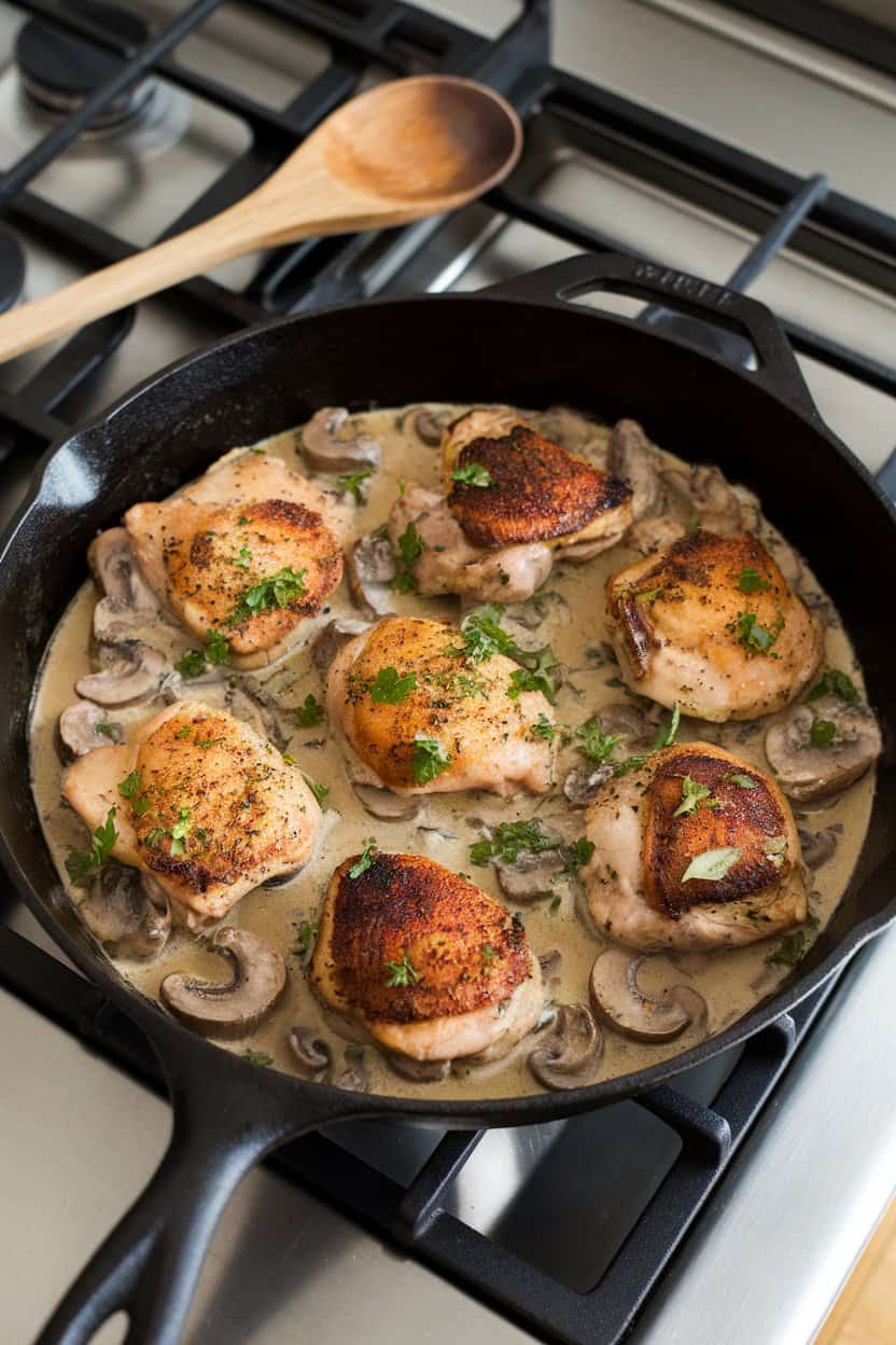 A cast-iron skillet on an indoor stove top filled with seared chicken thighs in creamy mushroom sauce speckled with parsley. Photo, no logos or text.