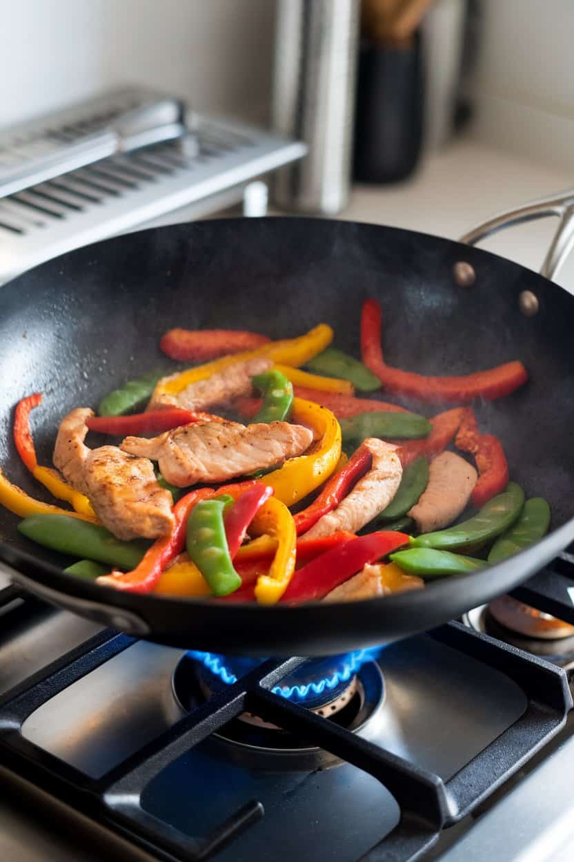 A wok on an indoor gas range tossing strips of chicken with colorful bell peppers and snap peas, no text or logos.