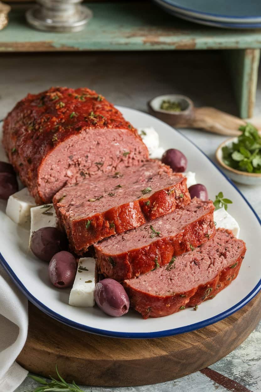 Indoor platter featuring meatloaf slices dotted with feta and kalamata olives, sprinkled with oregano. No text or logos. Photo only.