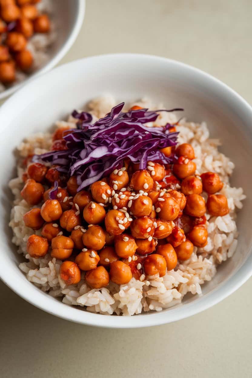 Photo of an indoor bowl containing gochujang-glazed chickpeas over brown rice with shredded purple cabbage and sesame seeds. No text or logos present.