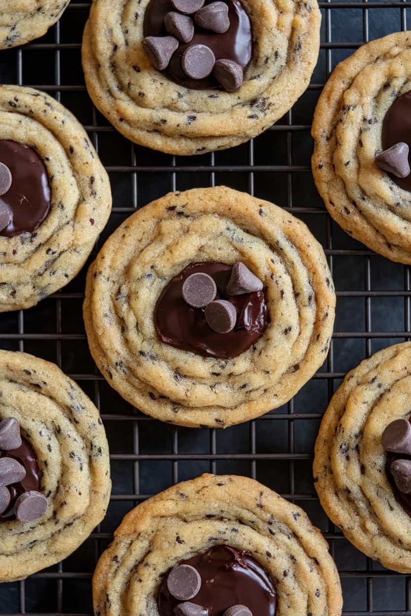 Indoor photo of speckled black sesame vegan cookies with melted chocolate chips on a cooling rack, no text or logos