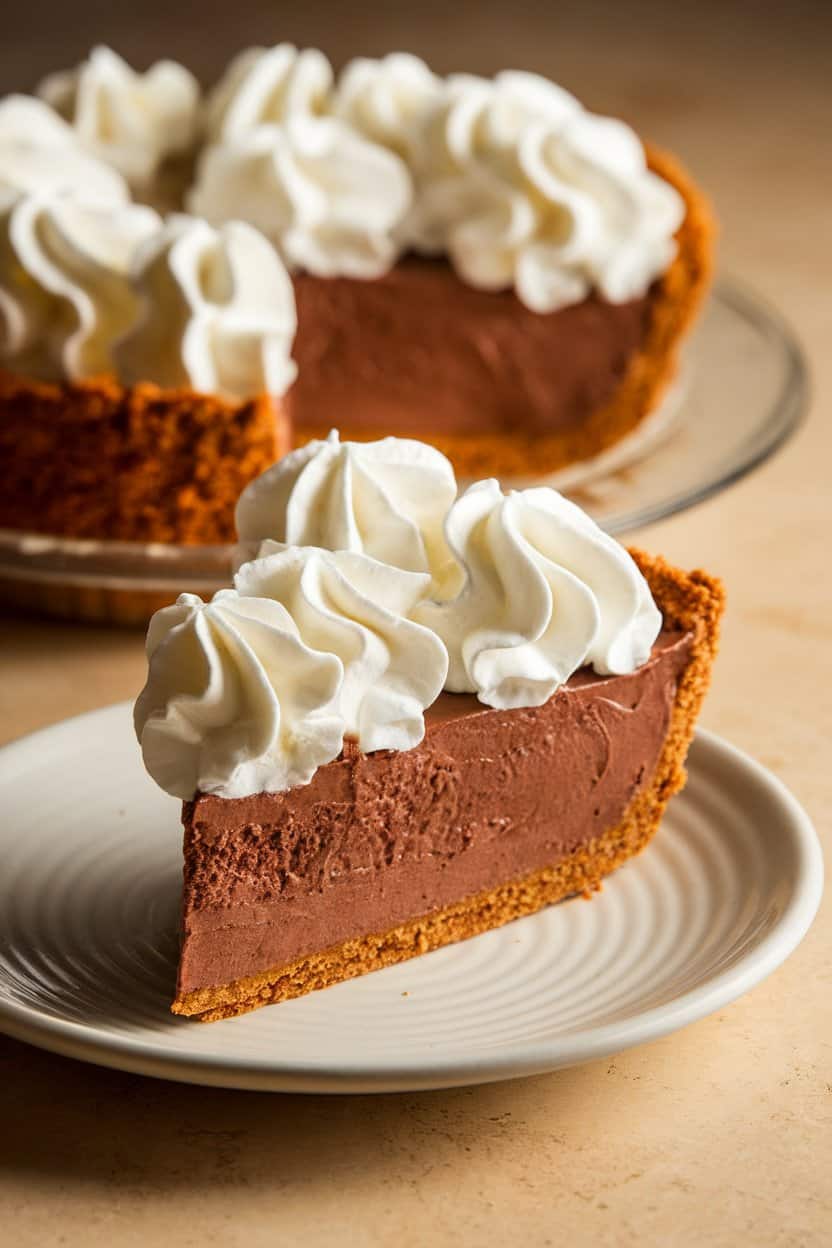 Photo: Slice of chocolate silk pie in a gingersnap crust, topped with whipped cream curls, indoor lighting. No text or logos present.