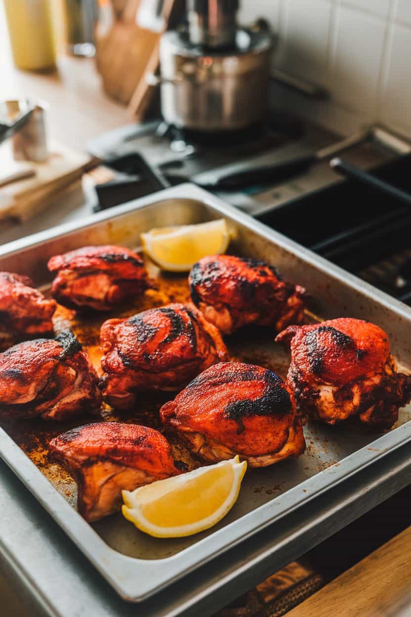 Indoor kitchen setting with a metal tray of vividly red tandoori chicken thighs, charred bits and lemon wedges visible. Photograph, no logos.