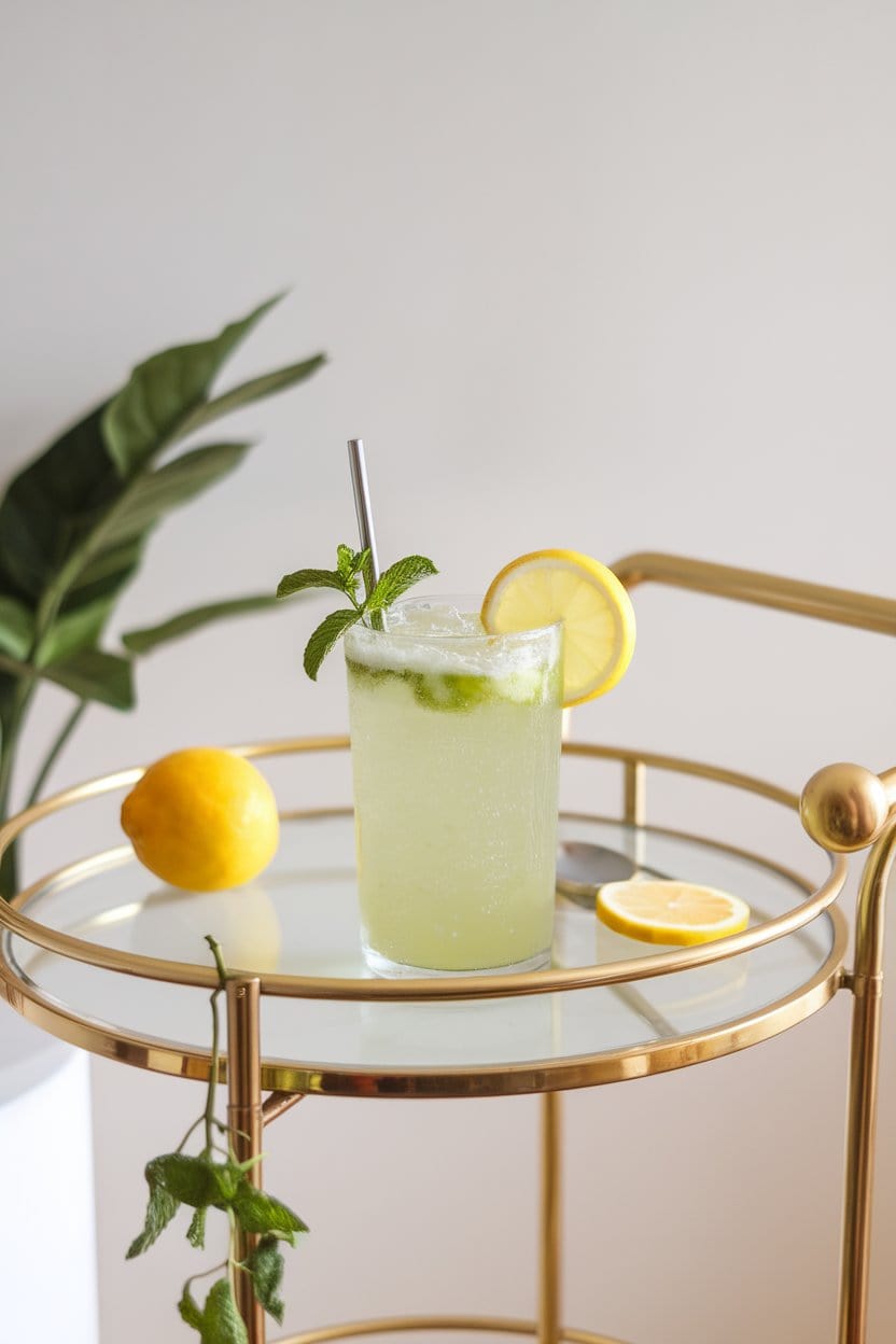 A bright indoor bar cart with a tall tumbler of pale green matcha lemonade, lemon wheel on rim, effervescent bubbles rising, no text or logos visible. Photo