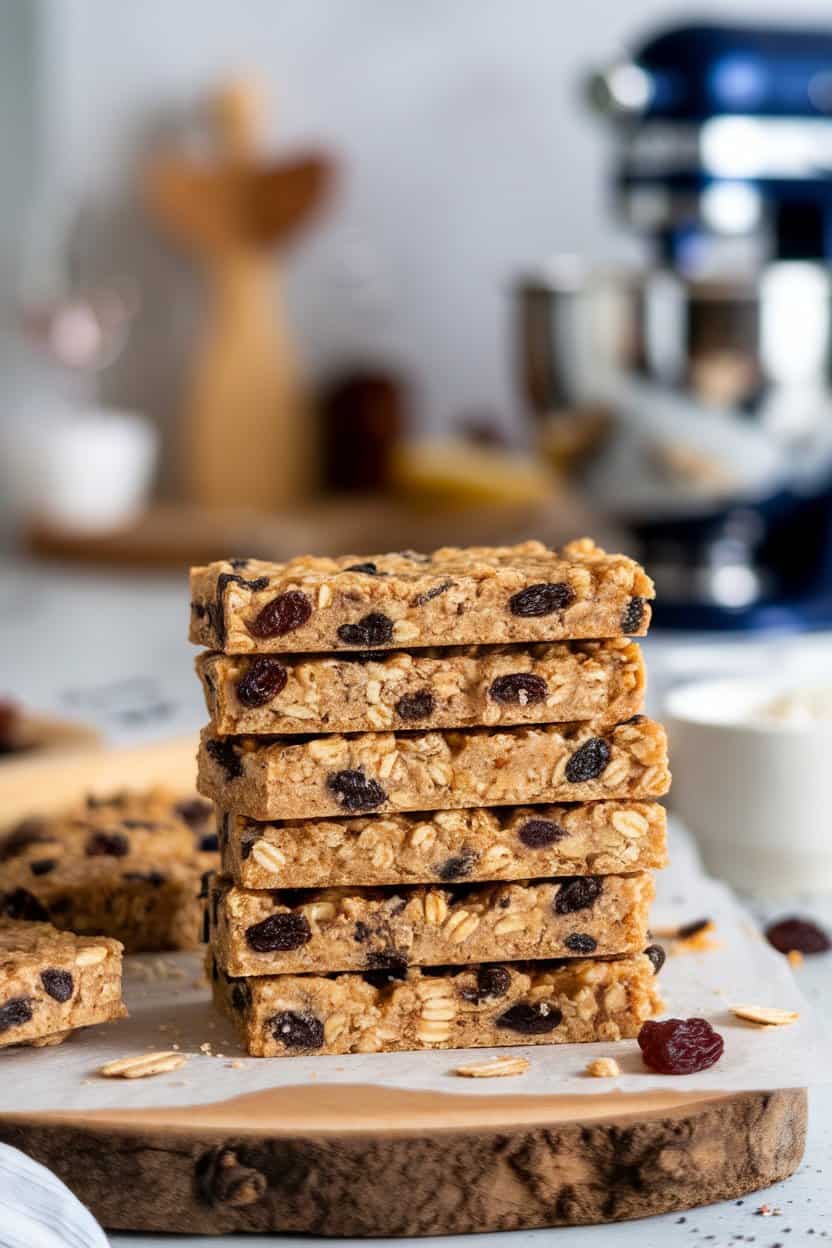 Indoor photo of rectangular homemade oatmeal raisin protein bars stacked on a wooden board; no text or logos present.