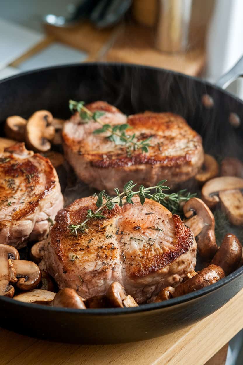 An indoor skillet full of browned pork chops surrounded by sautéed cremini mushrooms and fresh thyme sprigs, light steam rising. No logos or text. Photo, not illustration.
