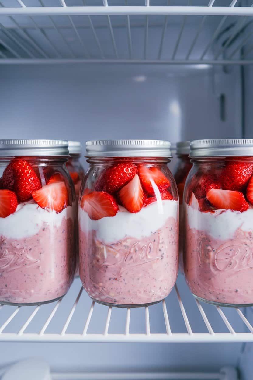 An indoor refrigerator shelf showing mason jars filled with pink overnight oats, topped with diced strawberries and a swirl of yogurt. No text or logos.