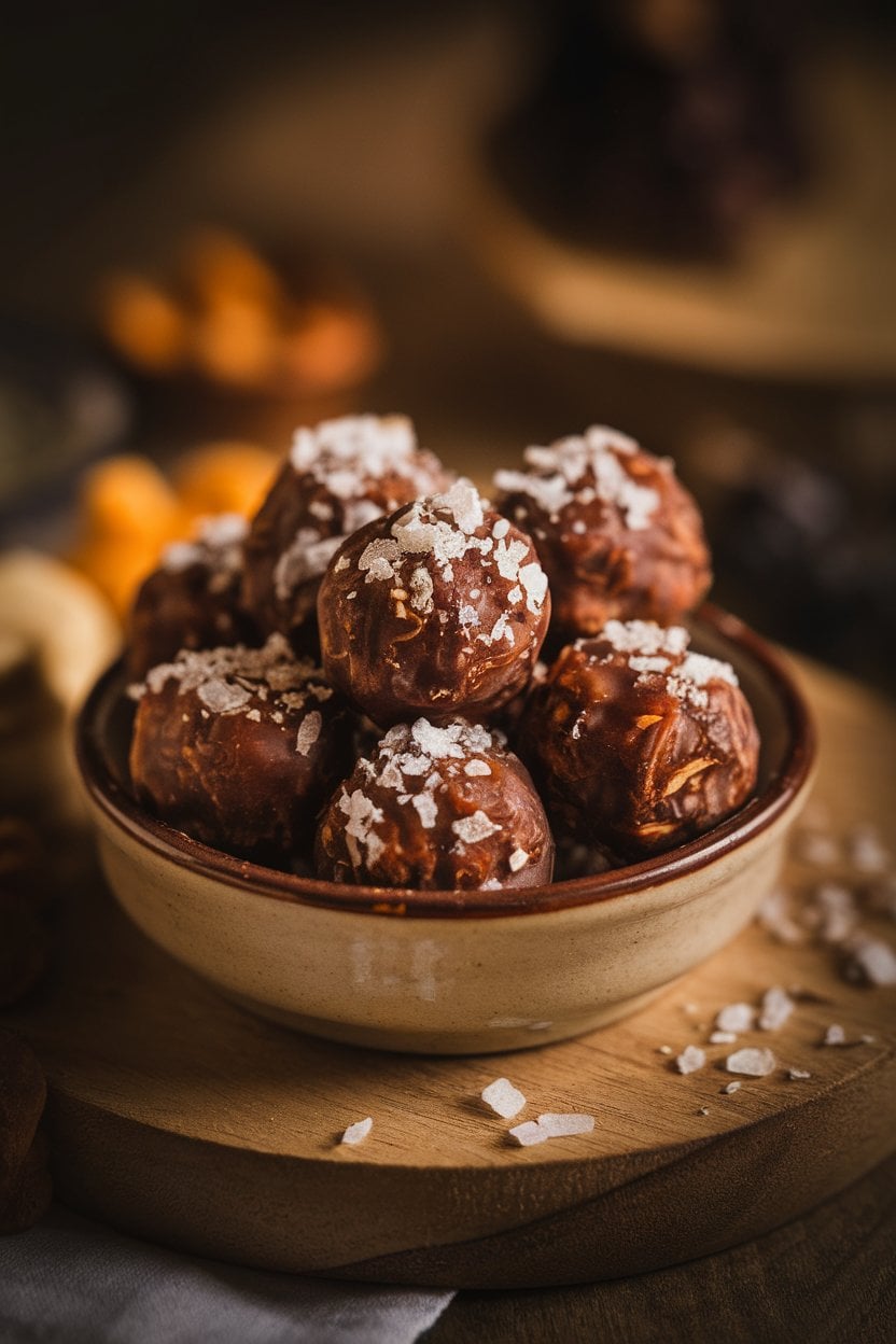 Indoor photo of bite-sized date truffles dusted with flaky sea salt, arranged in a small ceramic dish. Warm, moody lighting, no text or logos.