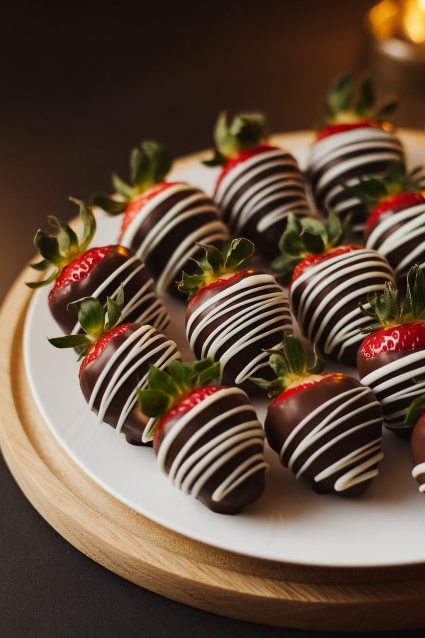 A warmly lit indoor table holding a white platter of glossy chocolate-dipped strawberries, some drizzled with white chocolate swirls. No text or logos anywhere in the scene.