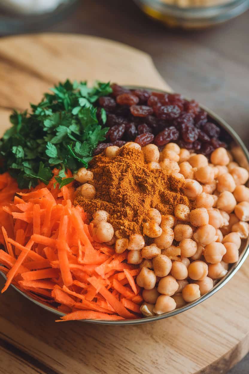 Photo indoors of a bowl with shredded carrots, chickpeas, raisins, and chopped parsley sprinkled with cumin. No text or logos anywhere.