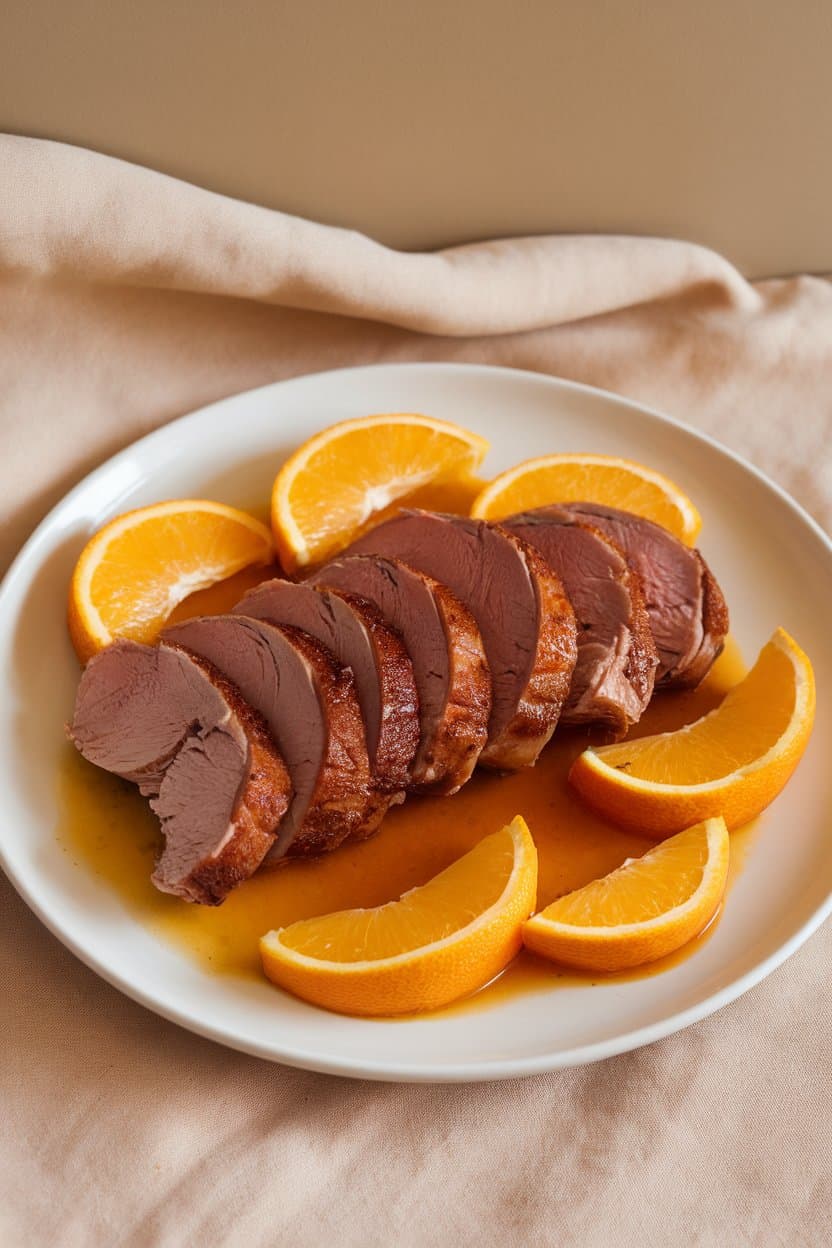 An indoor dining scene featuring sliced seared duck breast with crispy skin, fanned over orange segments and glossy citrus sauce on a white plate. No logos or text; photo only.