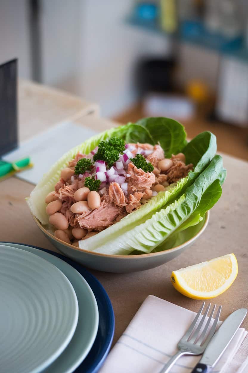 An indoor table setting with romaine leaves filled with a mixture of canned tuna, white beans, diced red onion, and parsley, lemon wedge nearby. No text or logos.