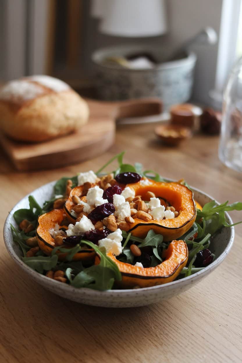 Photo of an indoor farmhouse table displaying a shallow bowl of roasted delicata squash rings, arugula, dried cranberries, goat cheese crumbles, and toasted pepitas dressed lightly. No text or logos.
