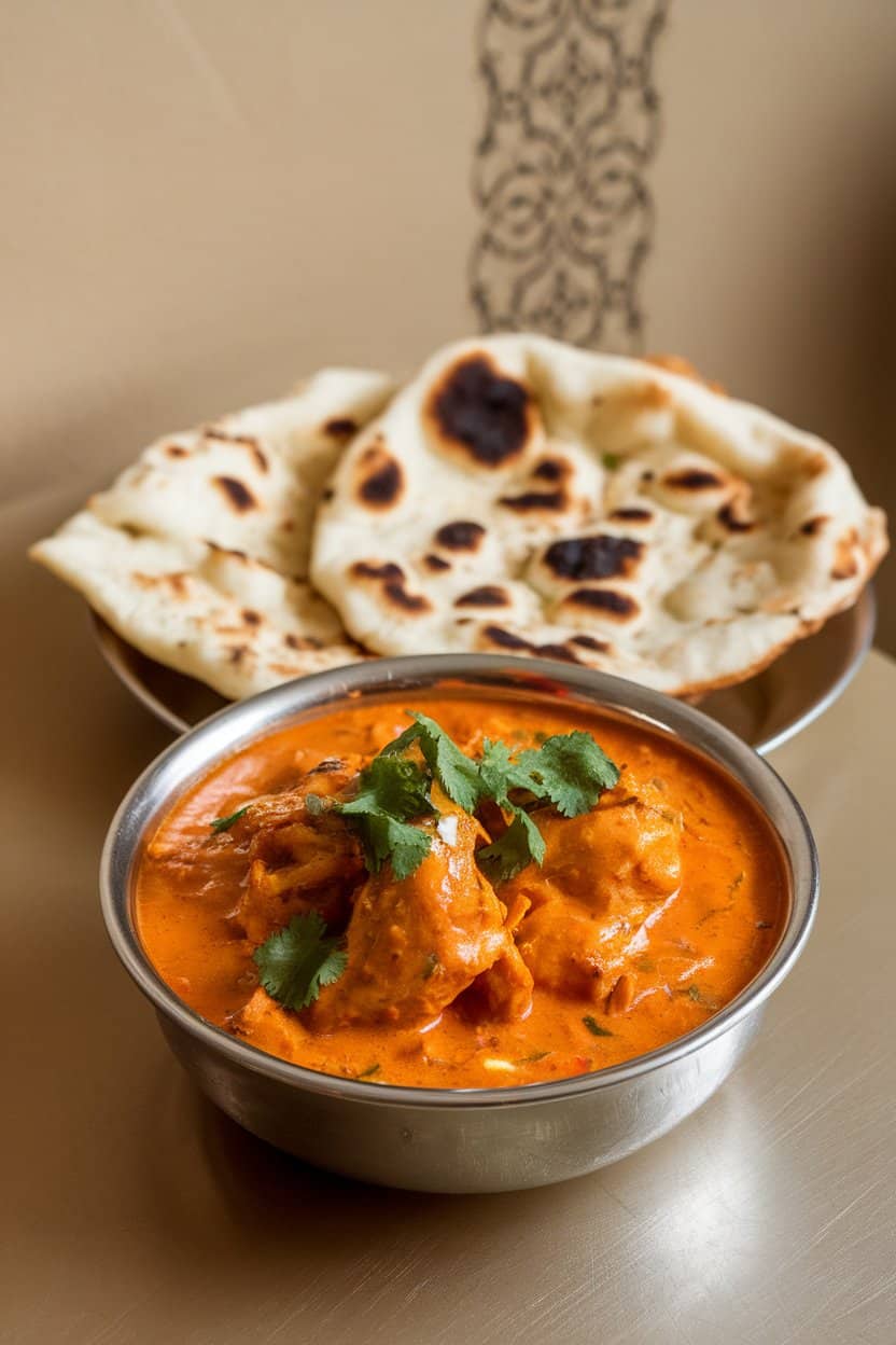 A bowl of vibrant orange chicken tikka masala garnished with cilantro, placed on an indoor table beside naan bread. No logos or text. Photo only.