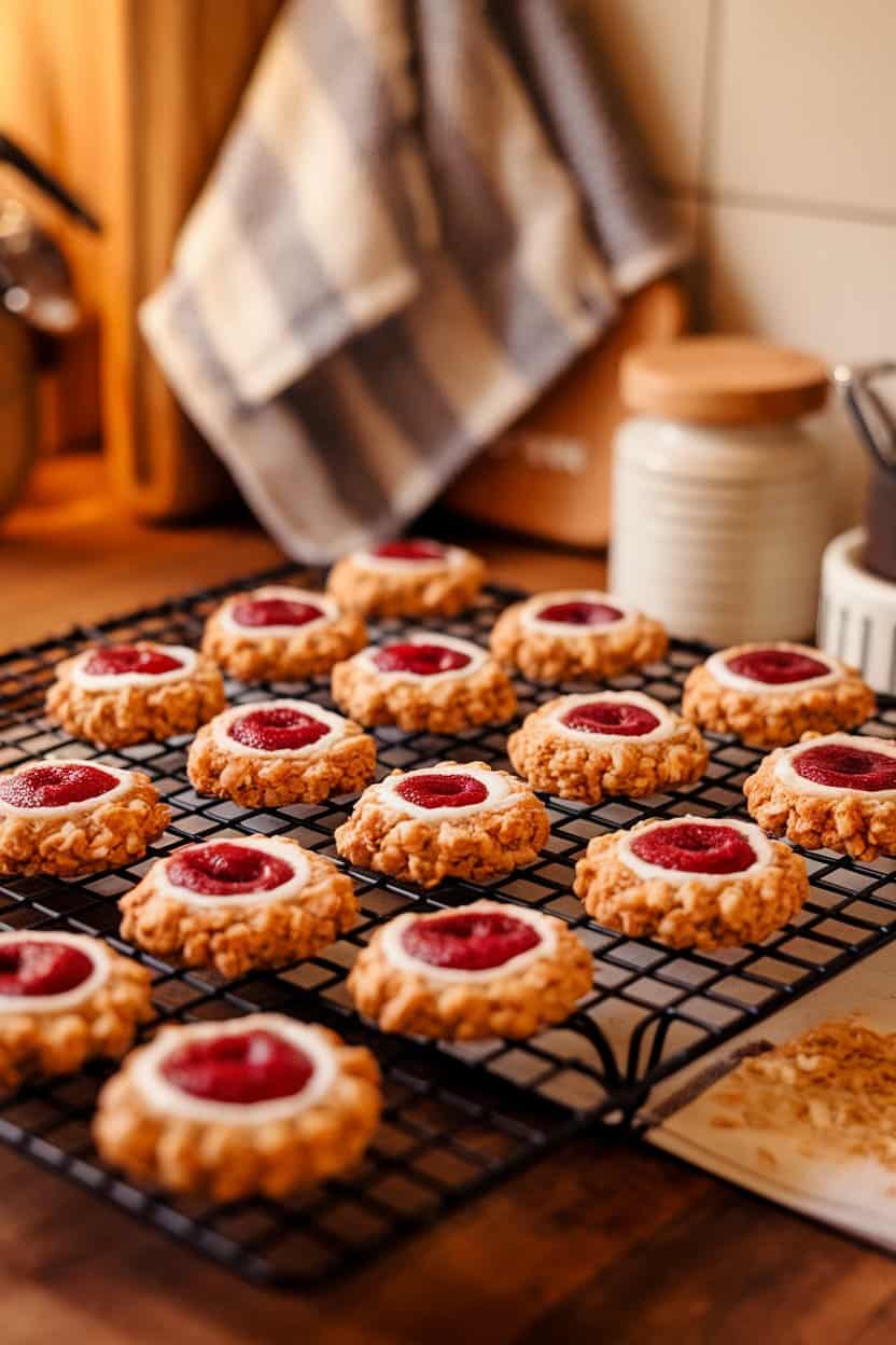 An indoor cookie cooling rack filled with oat-almond thumbprint cookies holding bright red raspberry chia jam centers; warm kitchen lighting; no text or logos.