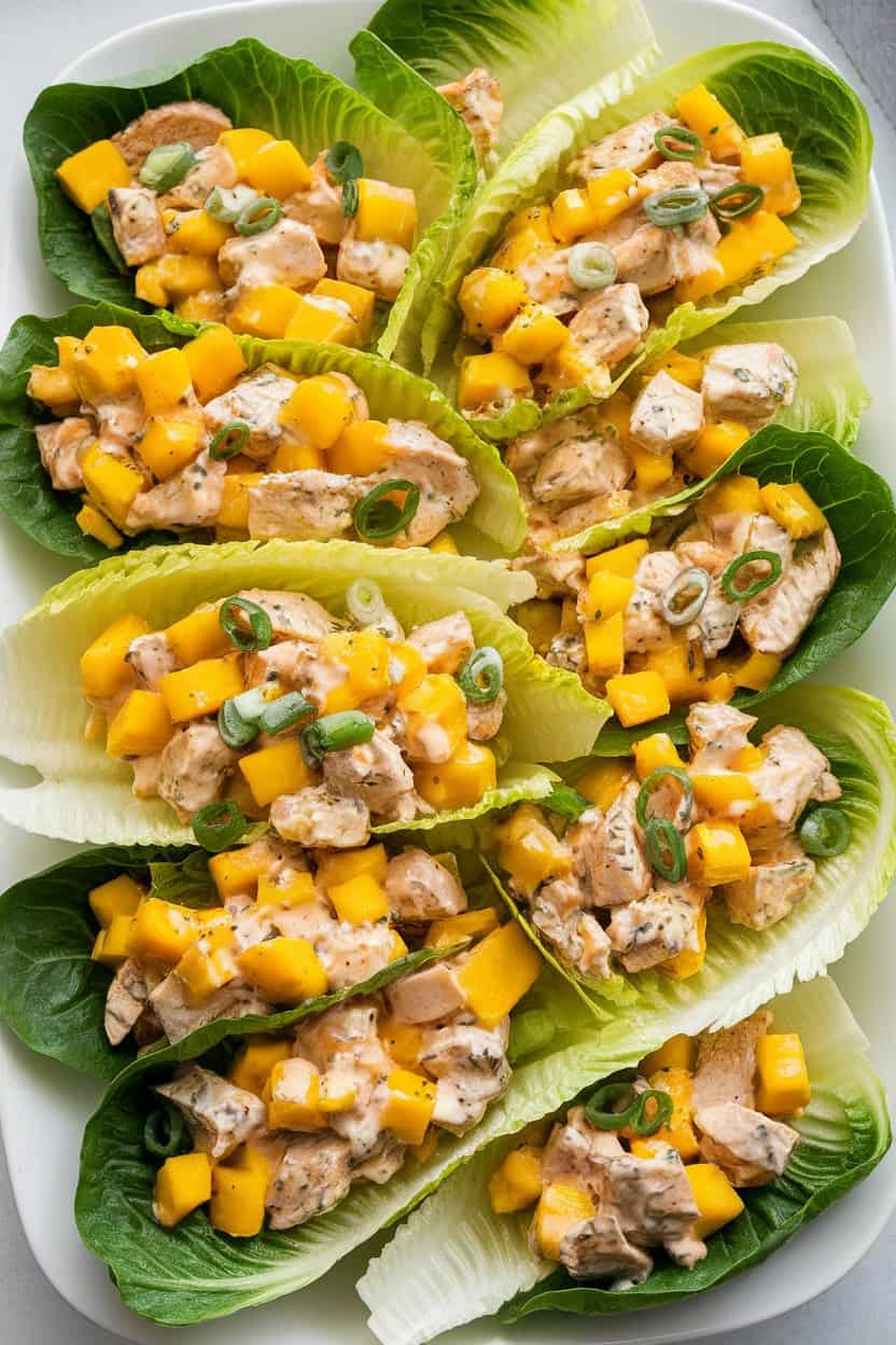 Indoor photo of romaine leaves filled with bright yellow chicken-mango salad, sprinkled with green onion rounds, placed on a white platter—no text or logos