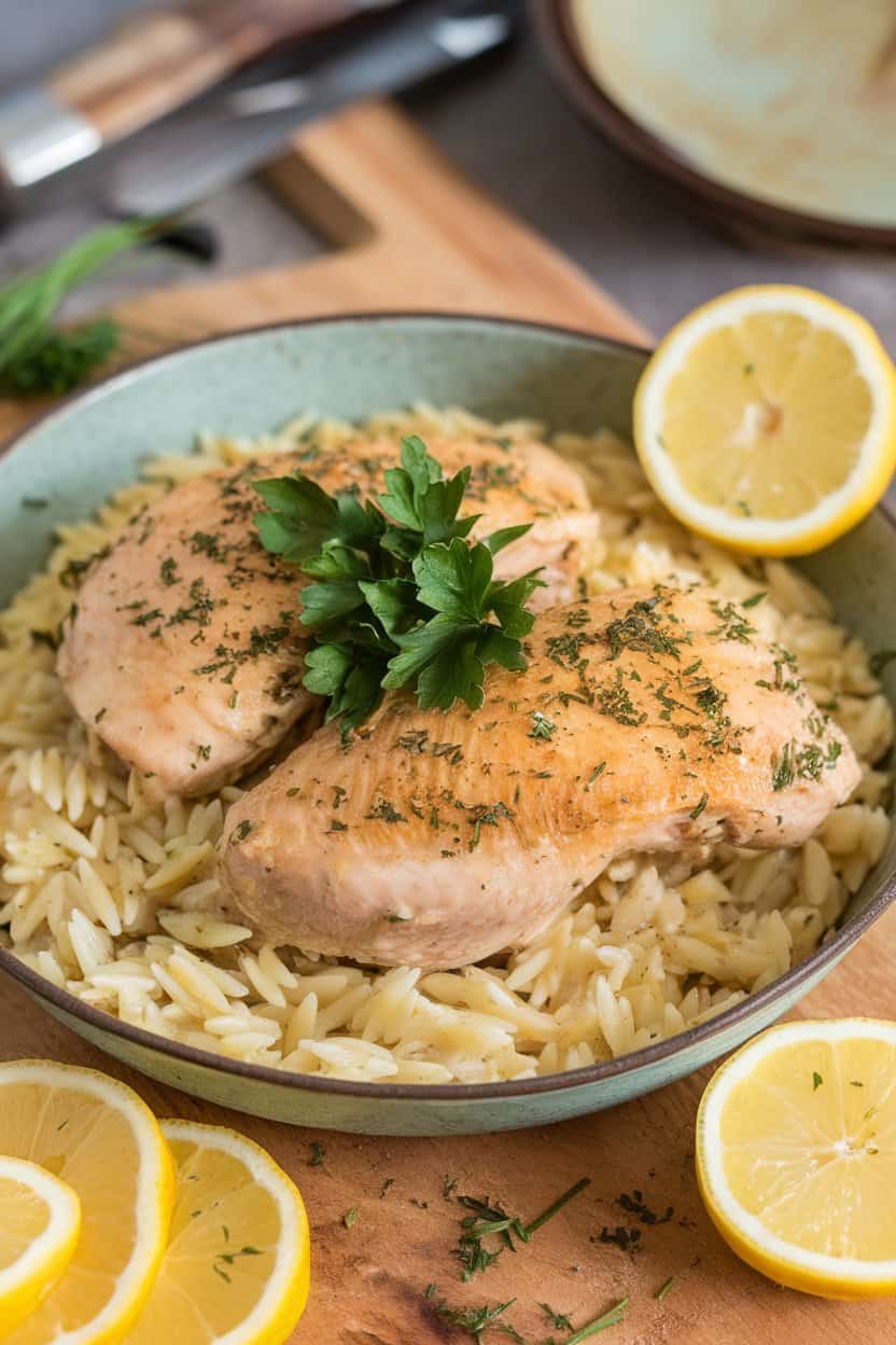 Indoor photo of lemony chicken and orzo in a shallow bowl, parsley sprinkled on top—no text or logos