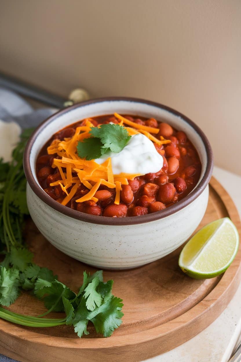 Indoor photo of a ceramic soup bowl filled with chunky bean chili topped with shredded cheddar and a dollop of sour cream—no visible branding
