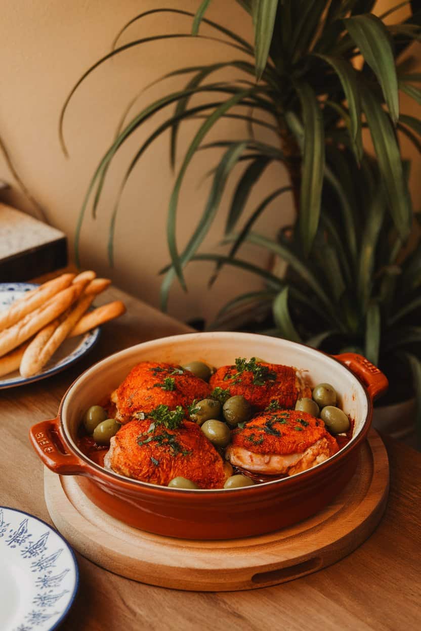Indoor dining table with a terra-cotta dish of paprika-rubbed chicken thighs and green olives, parsley sprinkled on top. Photo only, no text or logos.