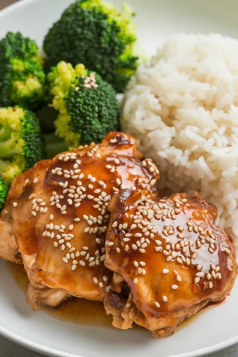 Indoor plate of glazed teriyaki chicken thighs sprinkled with sesame seeds, rice and broccoli alongside, no text or logos.