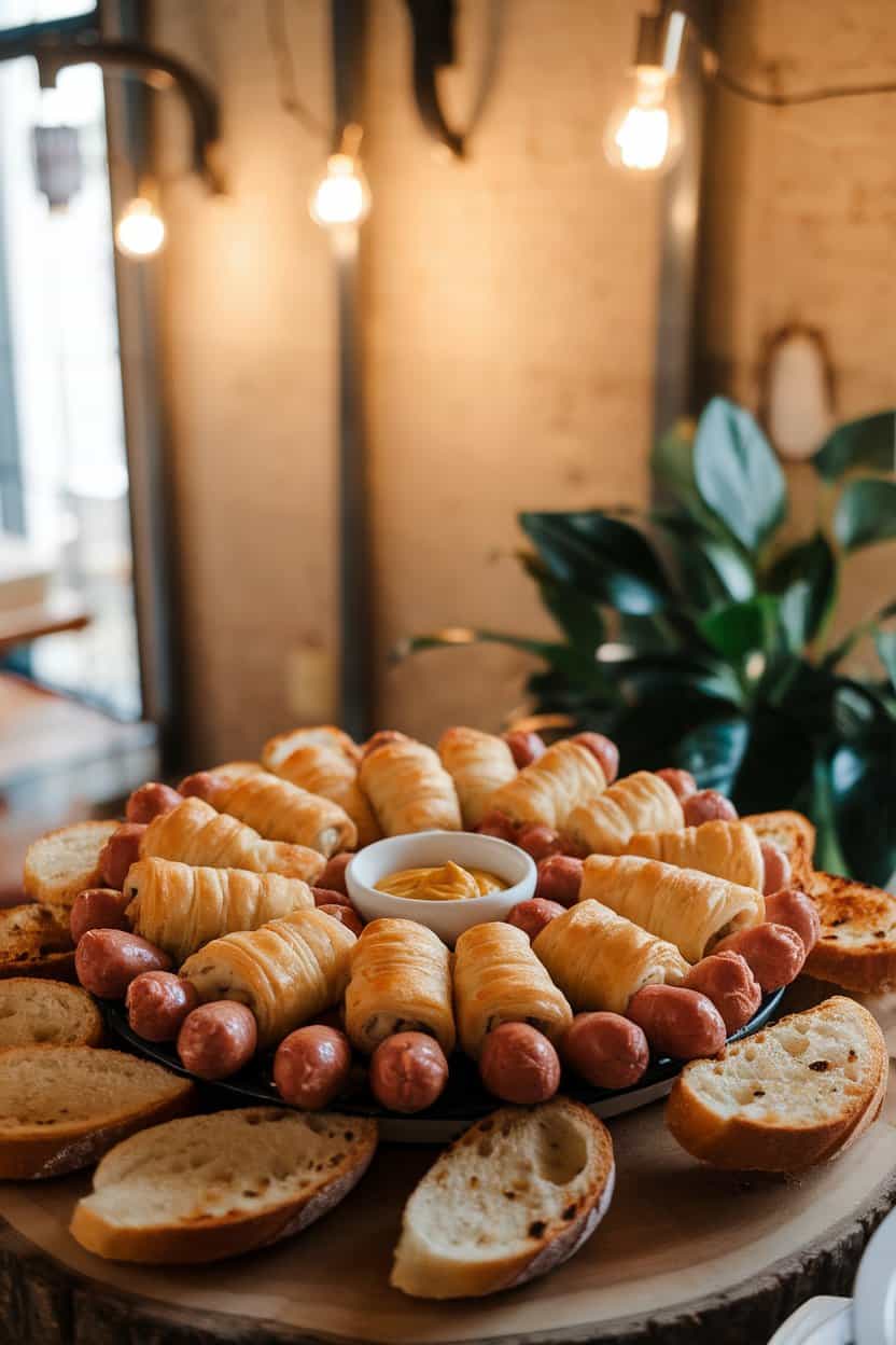 A warmly lit indoor platter of mini sausages wrapped in golden puff pastry, served with mustard for dipping. No text or logos present.