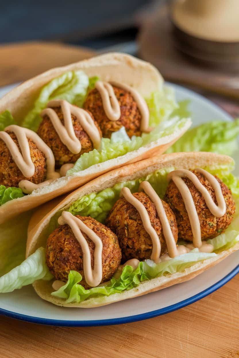 An indoor plate holding pita halves brimming with baked falafel balls, lettuce, and tahini drizzle, no text or logos.