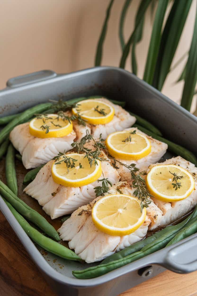 A baking dish of cooked cod fillets topped with lemon slices and herbs, green beans nestled alongside, photographed indoors. No text or logos. Photo only.