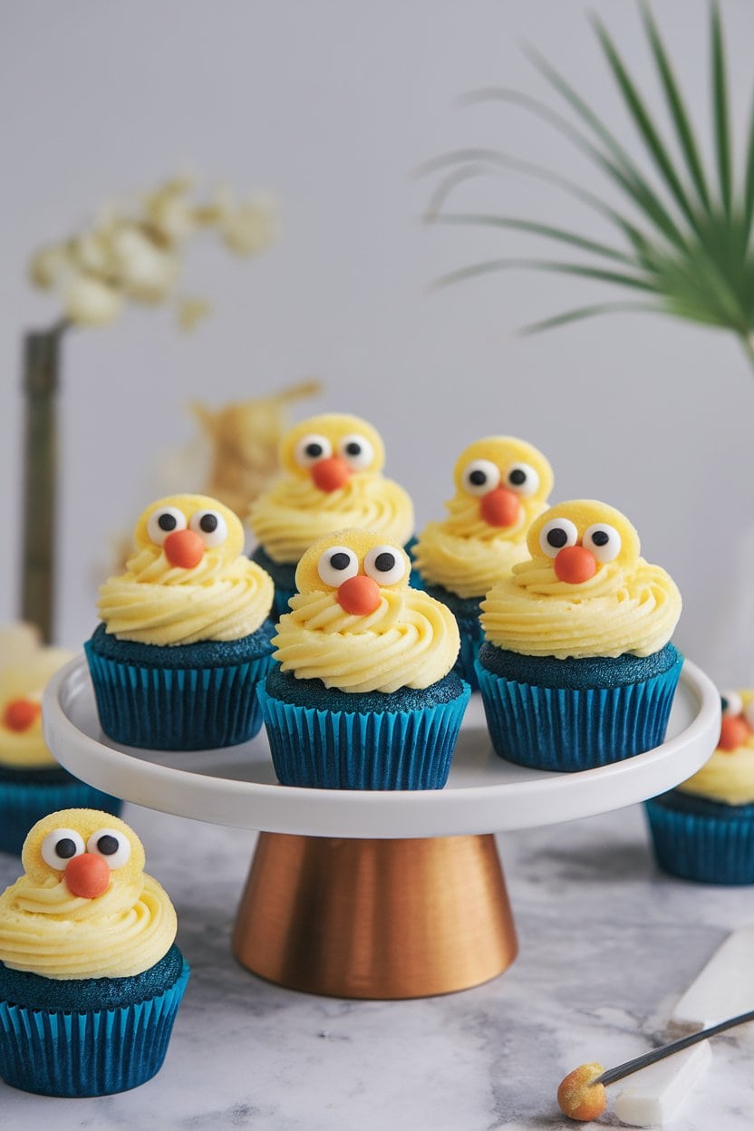 An indoor modern cake stand with blue-tinted velvet cupcakes frosted in yellow buttercream and decorated with candy eyes and beak to mimic baby chicks. No text or logos.