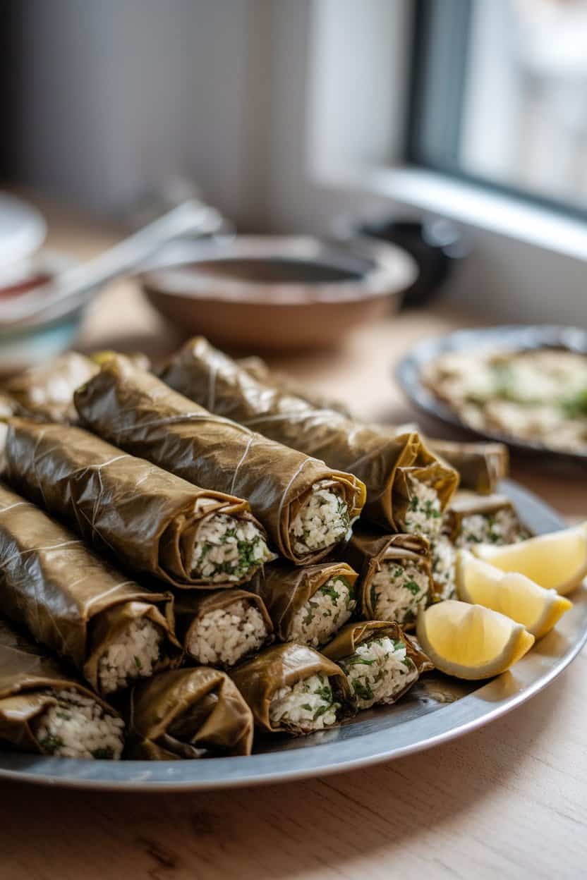 Indoor platter of tight grape leaf rolls filled with rice and herbs, lemon wedges on the side, no text or logos.