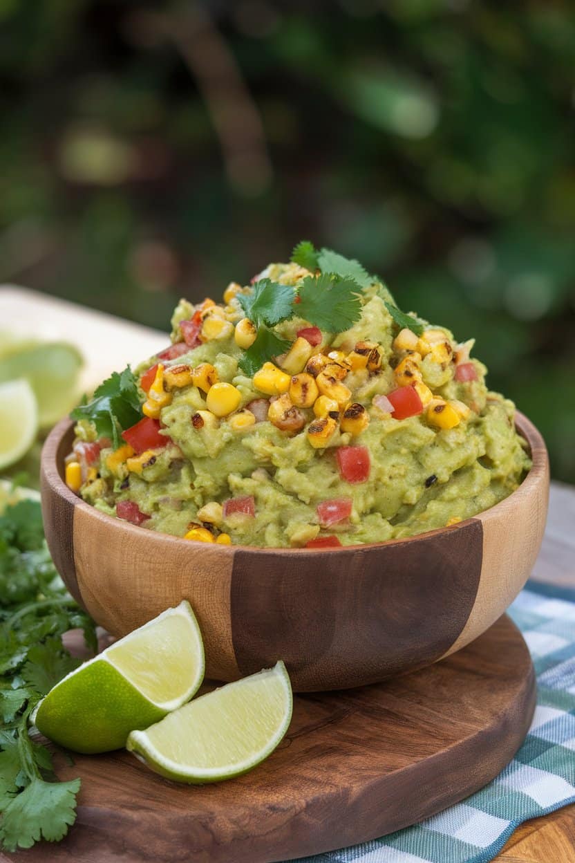 An indoor serving bowl of chunky guacamole studded with grilled corn kernels, tomatoes, and cilantro, lime wedges nearby. No text or logos. Photo only.