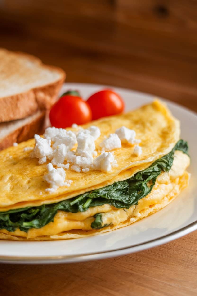 Indoor photo of a folded egg white omelet stuffed with wilted spinach and crumbled feta on a breakfast plate; gentle morning lighting, no text or logos