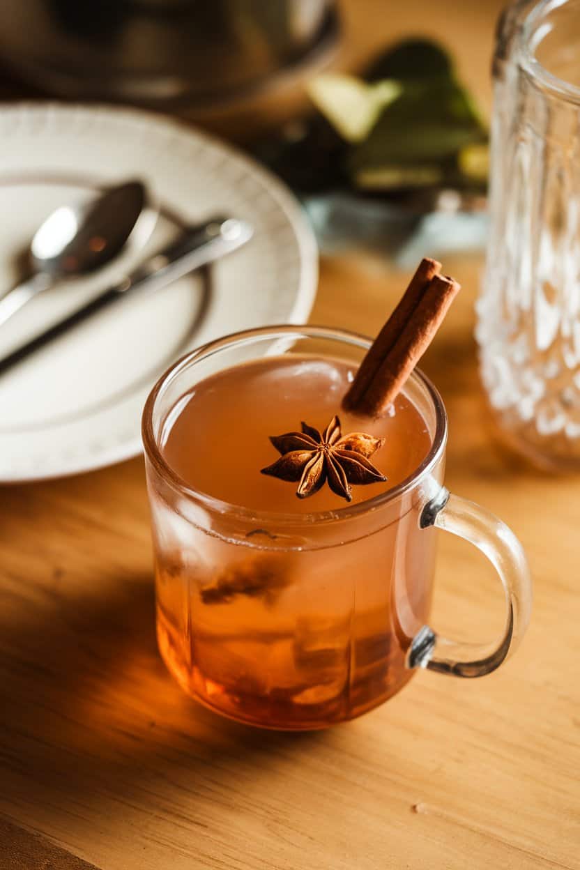 Indoor dining table scene with a clear mug of amber apple mocktail, cinnamon stick stirrer, and star anise floating on the surface. No visible text or logos. Photo only.