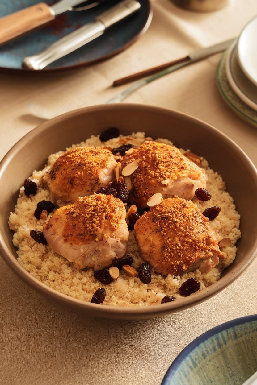 A shallow bowl on an indoor table containing fluffy couscous topped with golden chicken thighs dusted in ras el hanout, raisins, and almonds sprinkled around. Photo only, no branding.