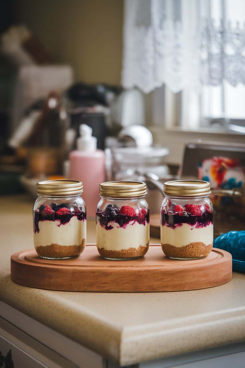 Photo: Small mason jars layered with graham crust, cheesecake filling, and mixed berry compote, indoor countertop. No text or logos.