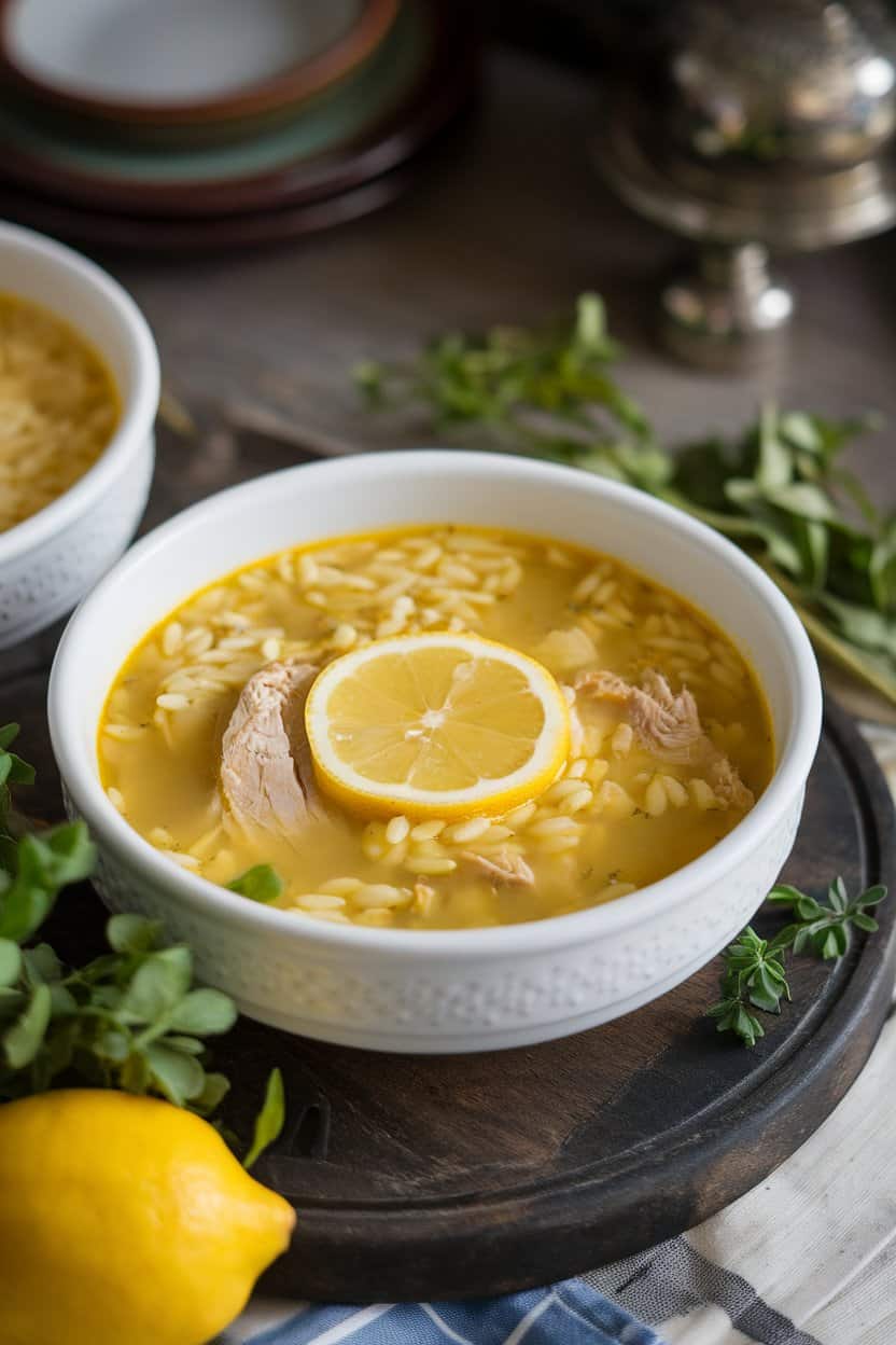Indoor photo of a bright yellow chicken-and-orzo soup with lemon slice floating on top, served in a white bowl. No text or logos.