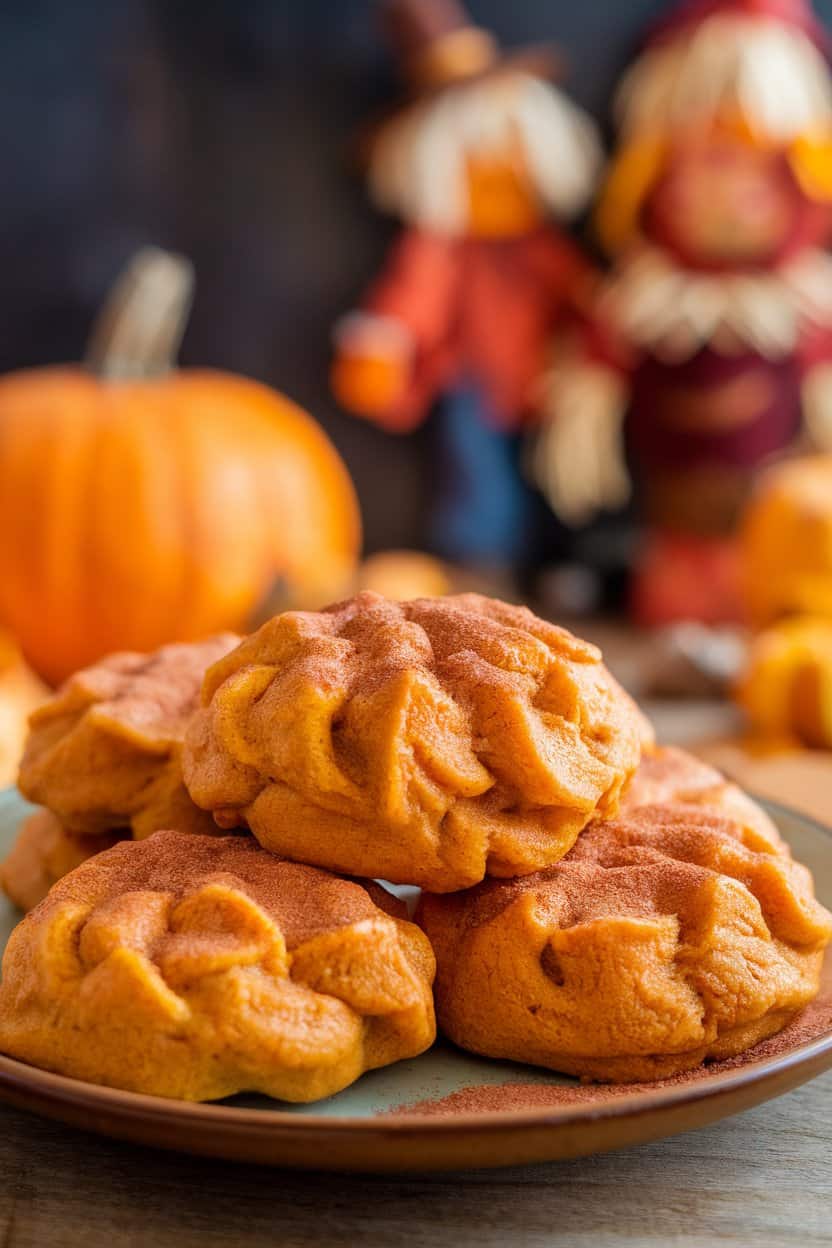 Indoor photo of pillowy orange-tinged vegan pumpkin cookies dusted with cinnamon sugar on a plate, no text or logos