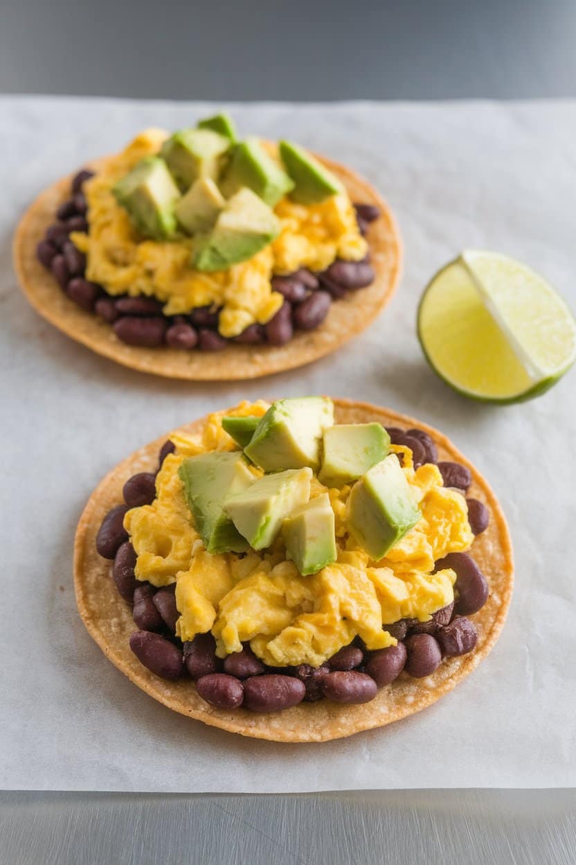 Indoor photo of two small corn tortillas filled with black beans, scrambled eggs, and diced avocado, lime wedge on side; no text or logos