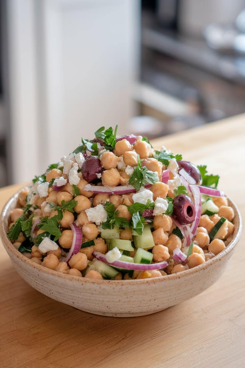 Photo of an indoor kitchen counter with a ceramic bowl piled high with Mediterranean chickpea salad—chickpeas, diced cucumber, red onion slivers, chopped parsley, Kalamata olives, and crumbled feta, lightly dressed and glistening. No text or logos visible.