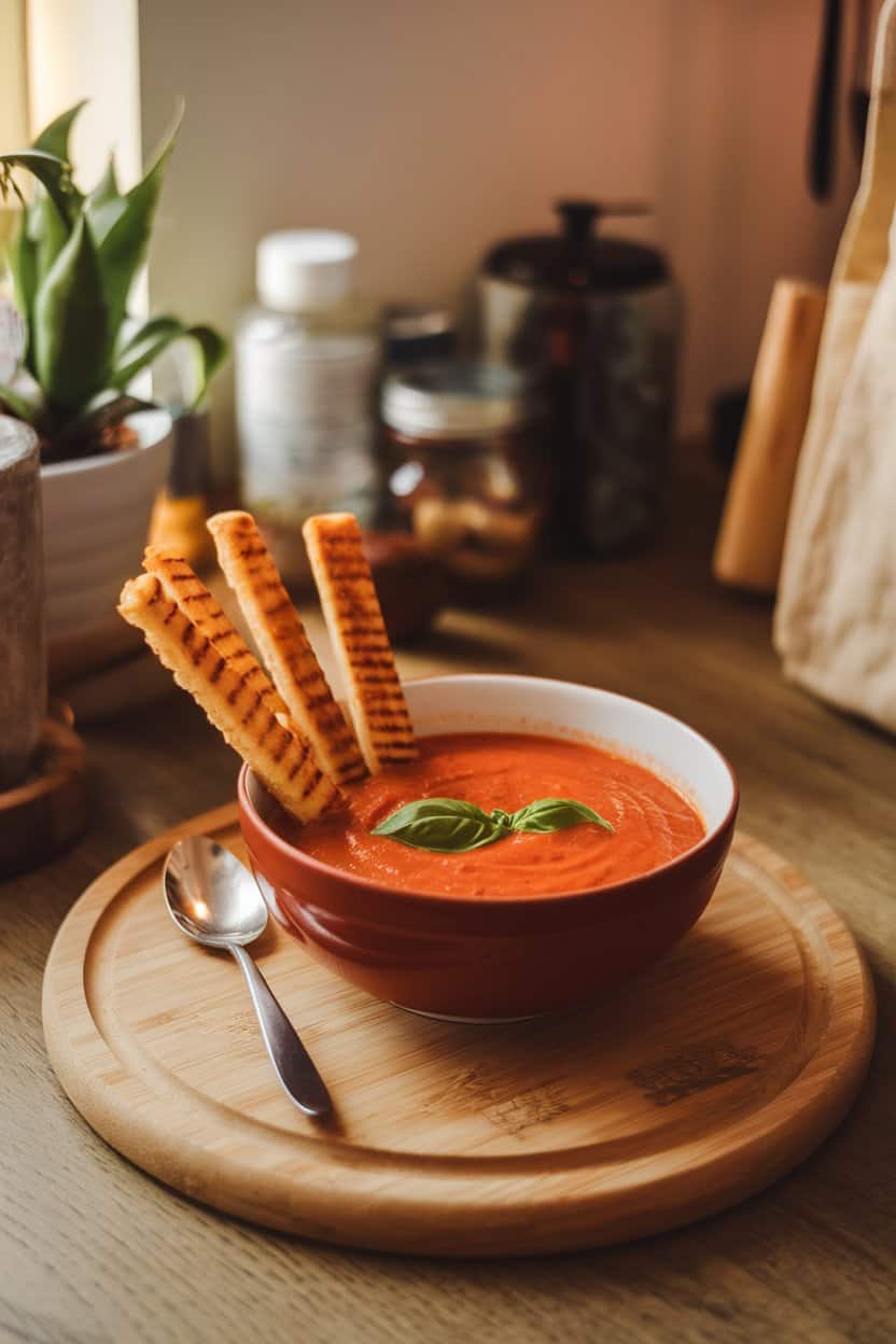 Indoor kitchen table with a bowl of creamy tomato basil soup and narrow grilled cheese sticks leaning against the rim. No text or logos, photo not illustration.