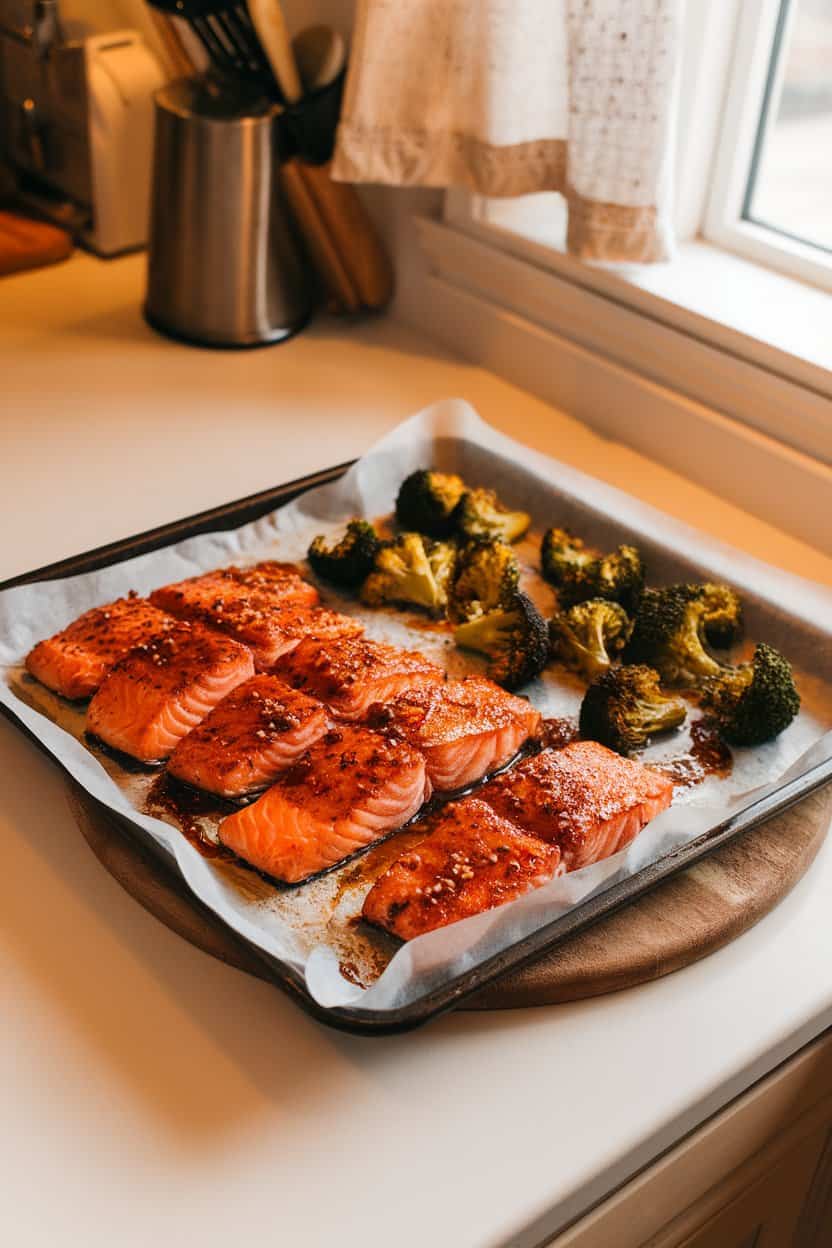 An indoor kitchen counter featuring a parchment-lined sheet pan of cooked salmon fillets glazed with teriyaki sauce, surrounded by roasted broccoli florets. Warm overhead lighting, no text or logos visible. Photo only.
