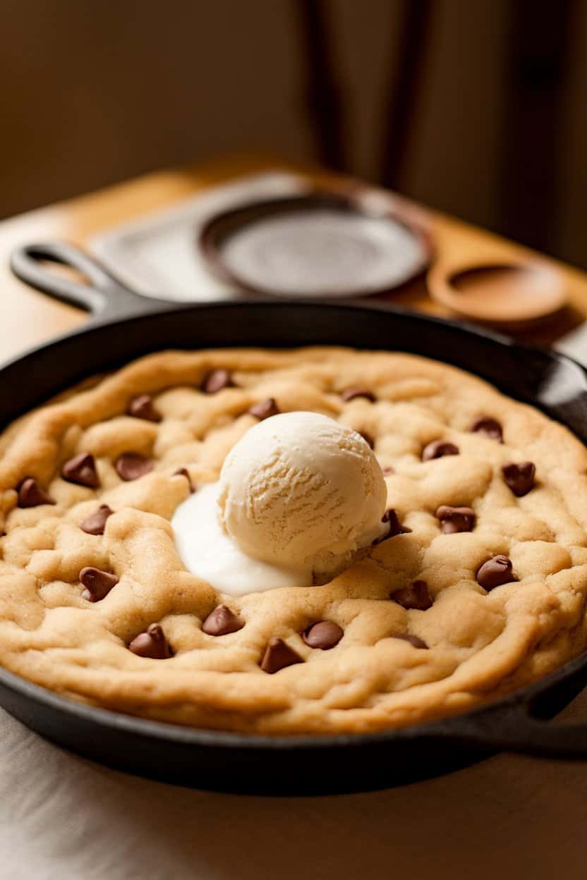 A warmly lit indoor table showing a cast-iron skillet filled with a giant golden chocolate chip cookie, a scoop of melting vanilla ice cream in the center. No text or logos. Photo only.