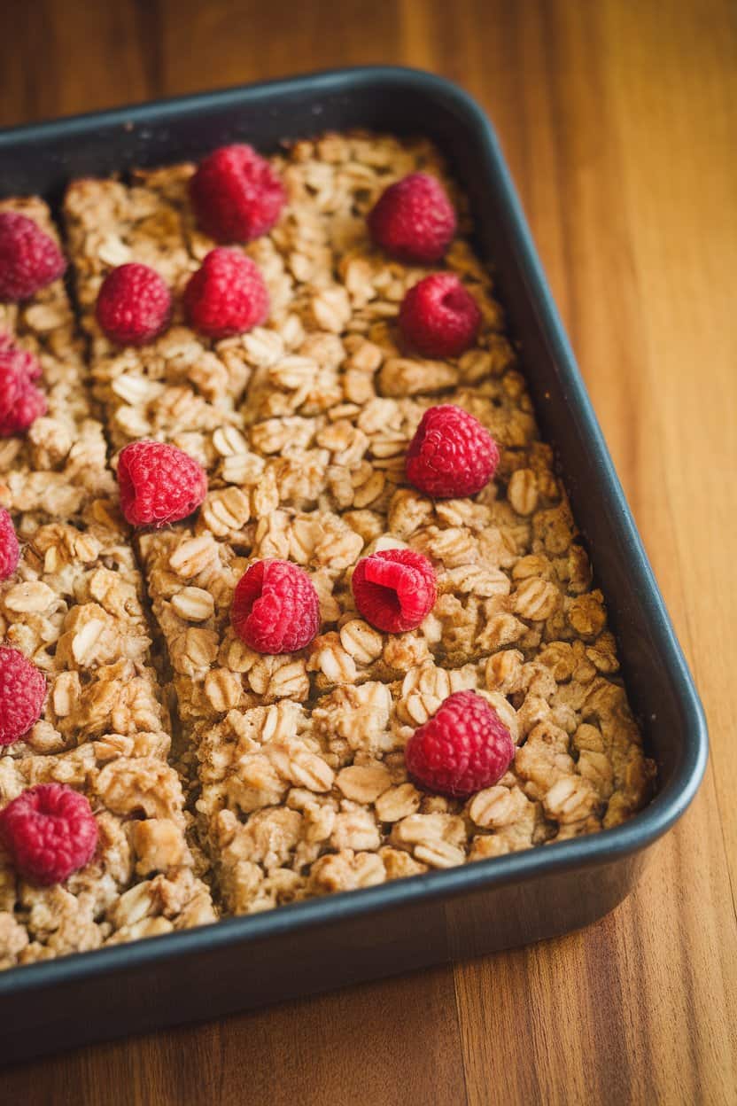 An indoor baking dish of golden baked oatmeal cut into neat squares, some topped with fresh raspberries. Photo, no text or logos.