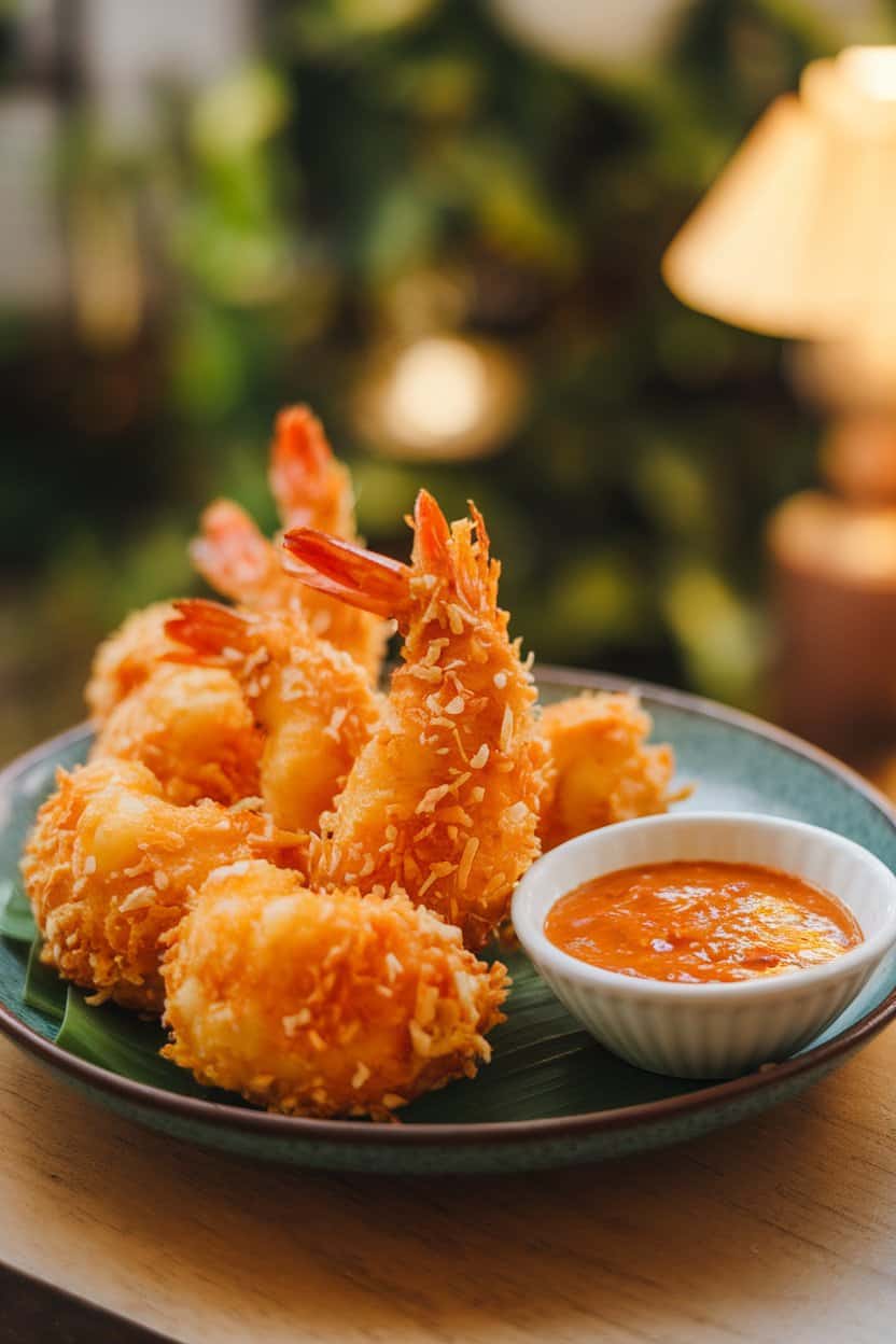 A warmly lit indoor plate of golden coconut-crusted shrimp with a small bowl of orange chili sauce, no text or logos.