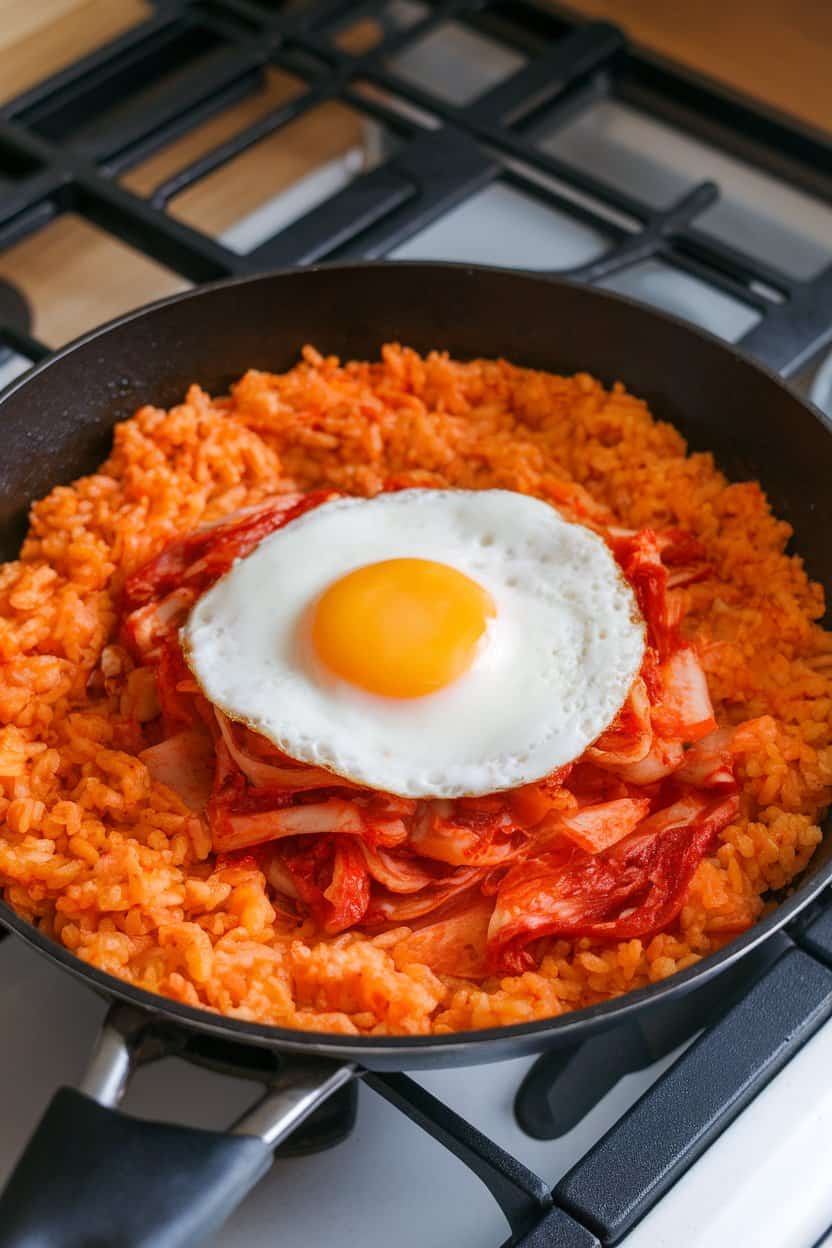 A skillet on an indoor range featuring orange-tinted rice studded with kimchi, topped with a sunny-side egg, no text or logos.