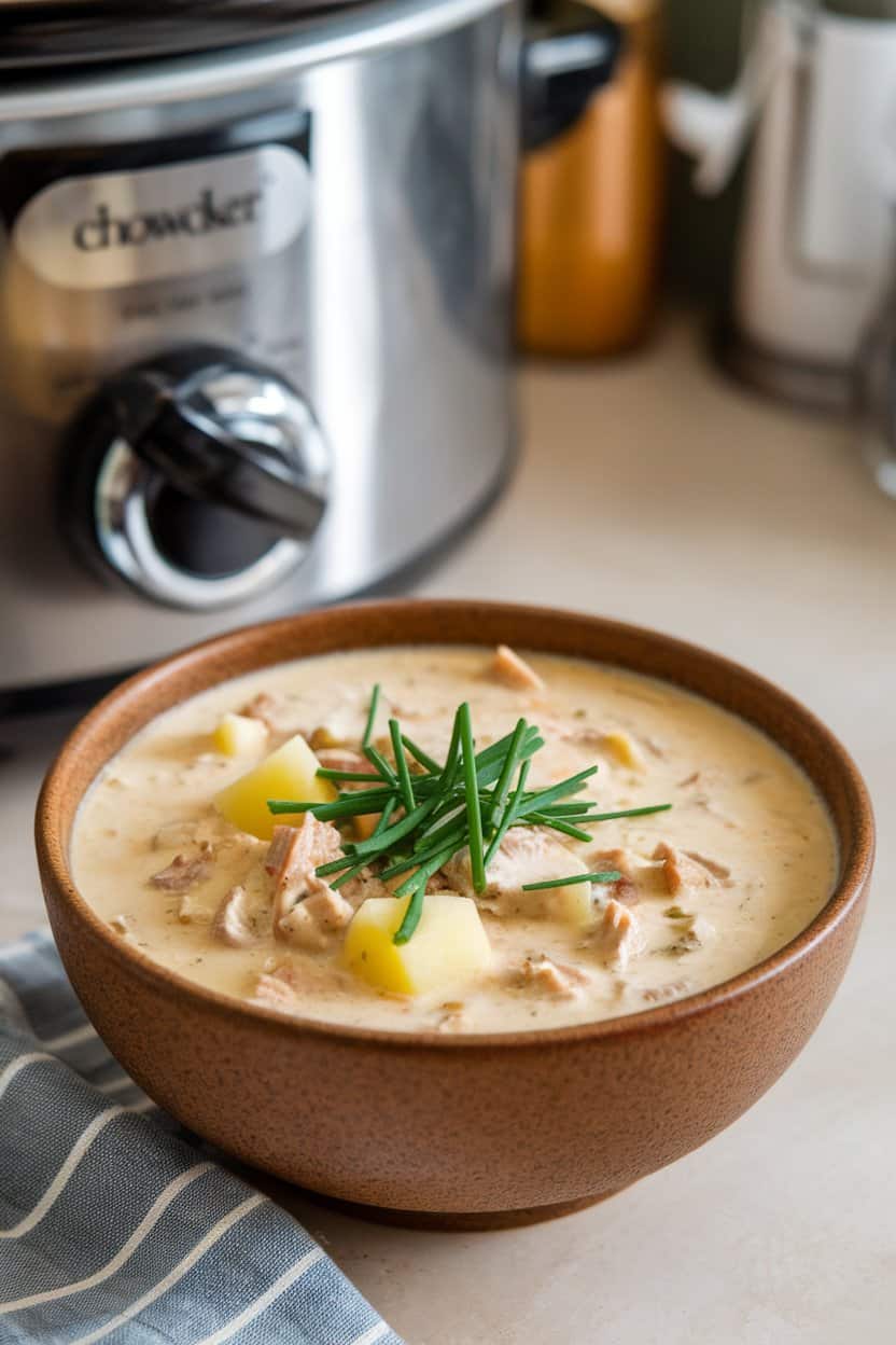 Indoor counter with a thick bowl of creamy turkey and potato chowder, topped with chopped chives; slow cooker partially visible behind. No logos or text.