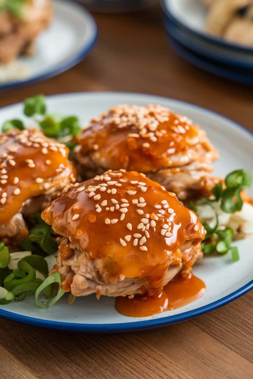 Indoor table showing a serving plate of glossy orange-sesame chicken thighs sprinkled with toasted sesame seeds. Photograph, logo-free.