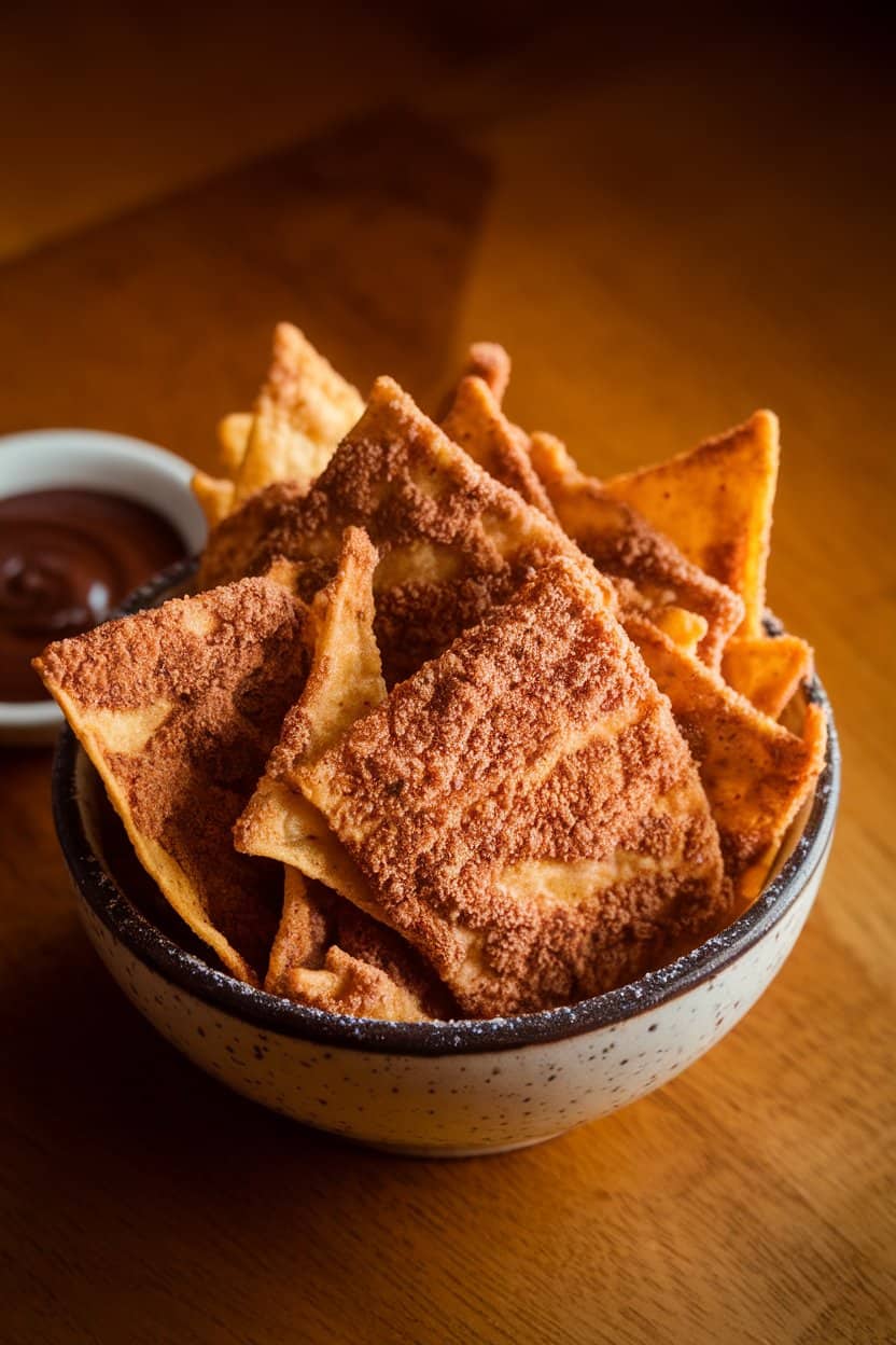 An indoor bowl of baked tortilla chips coated in cinnamon sugar, served beside a small dish of chocolate sauce. No logos.
