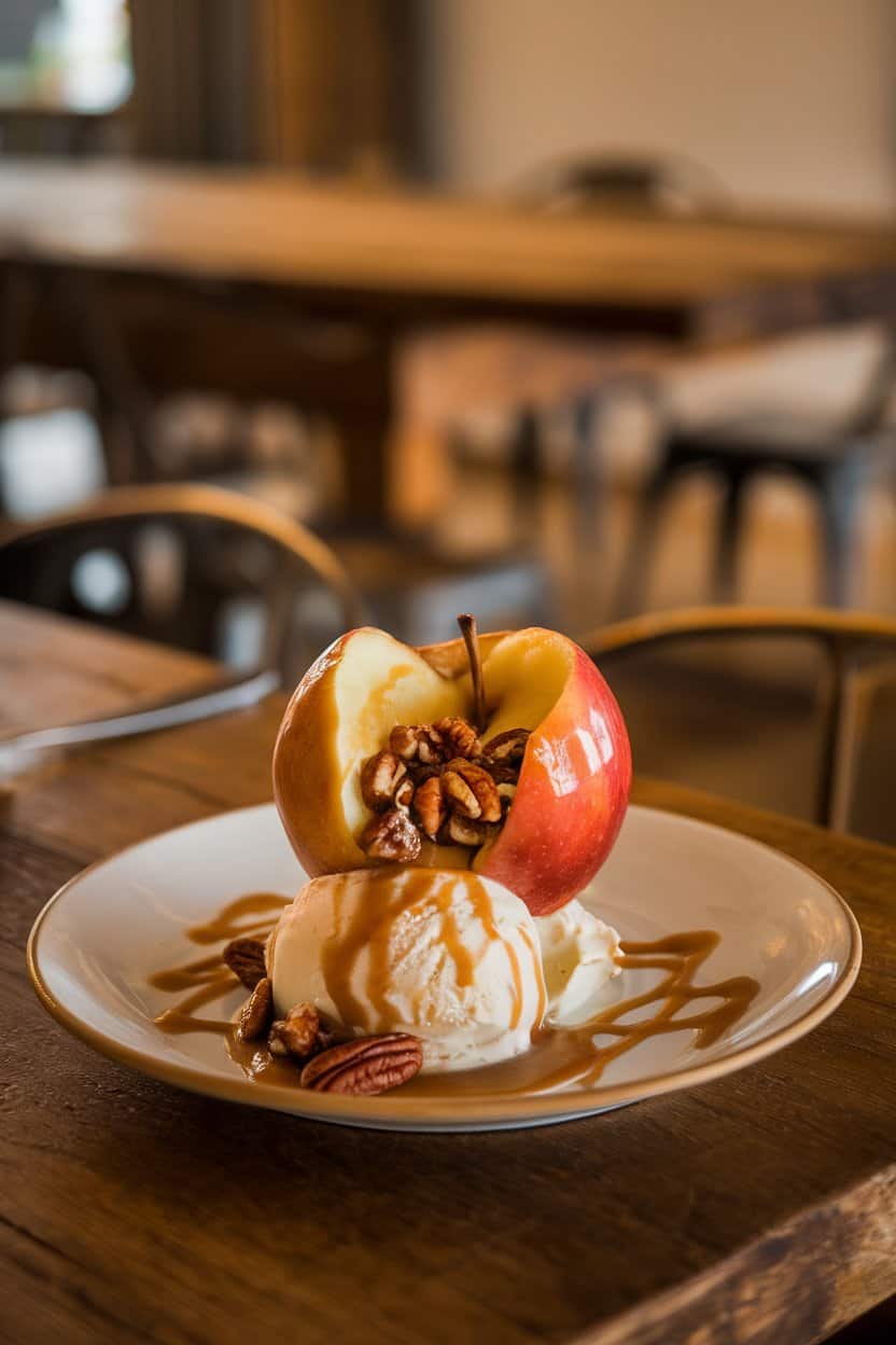 A dessert plate on an indoor dining table with a baked apple split open, pecan-maple filling spilling out, caramelized juices pooling. Warm lighting; no logos present.