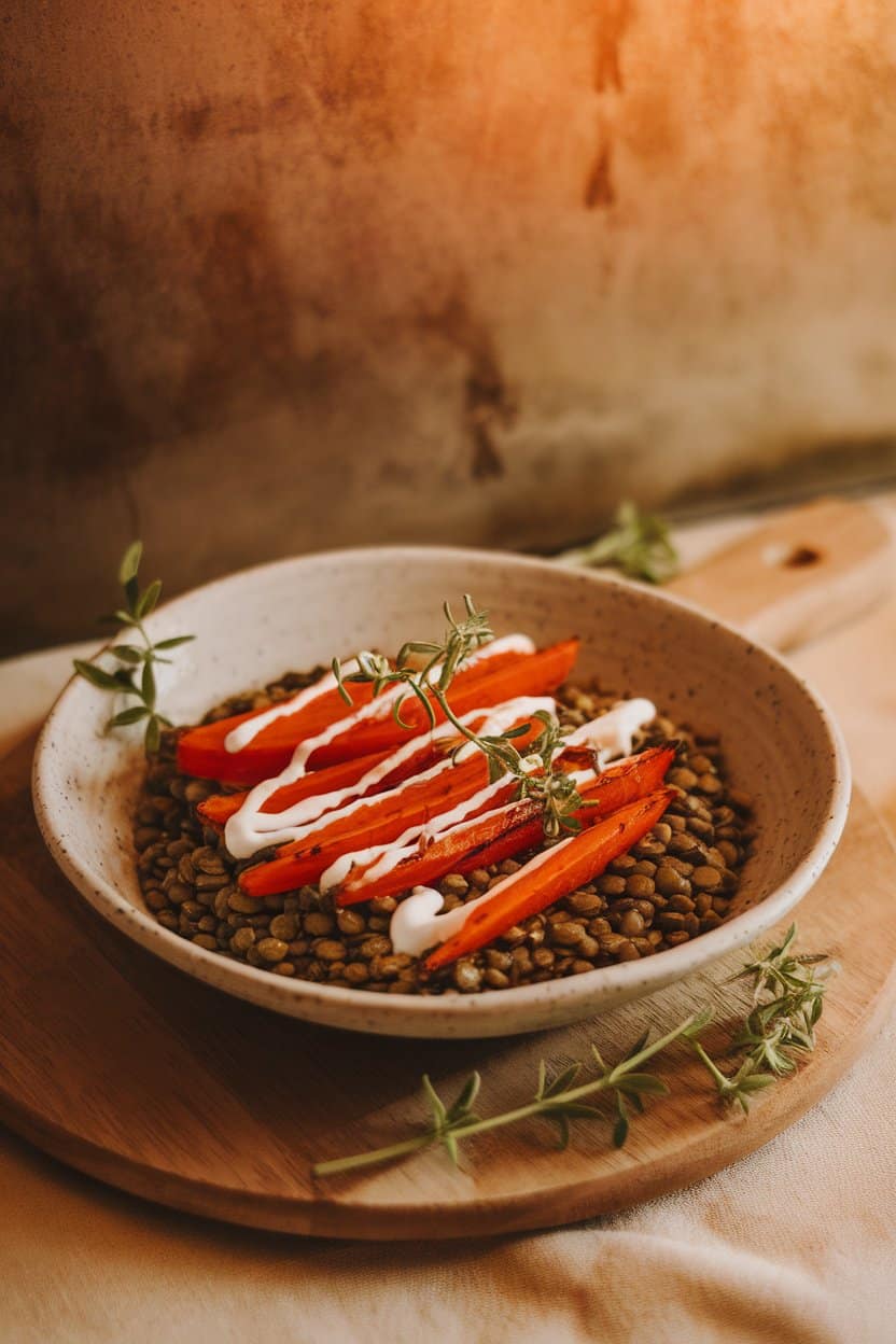 An indoor tabletop featuring a shallow bowl of roasted carrot slices atop a bed of green lentils, drizzled with harissa yogurt dressing. Warm lighting, no text or logos.
